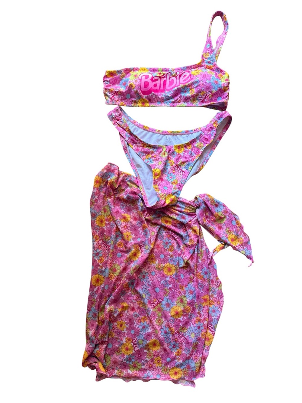 Barbie Pink Floral One-Shoulder Bikini Set with Sarong